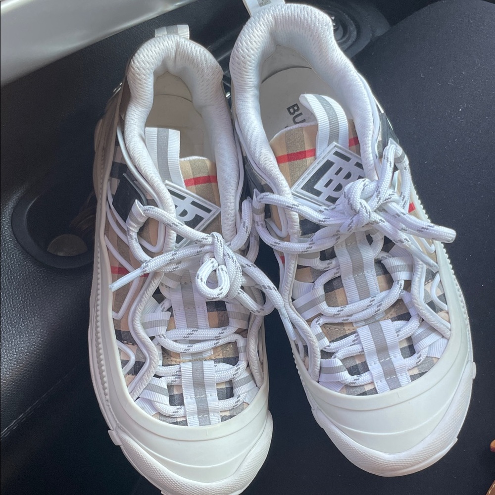 Burberry White and Tan Checkered Sneakers
